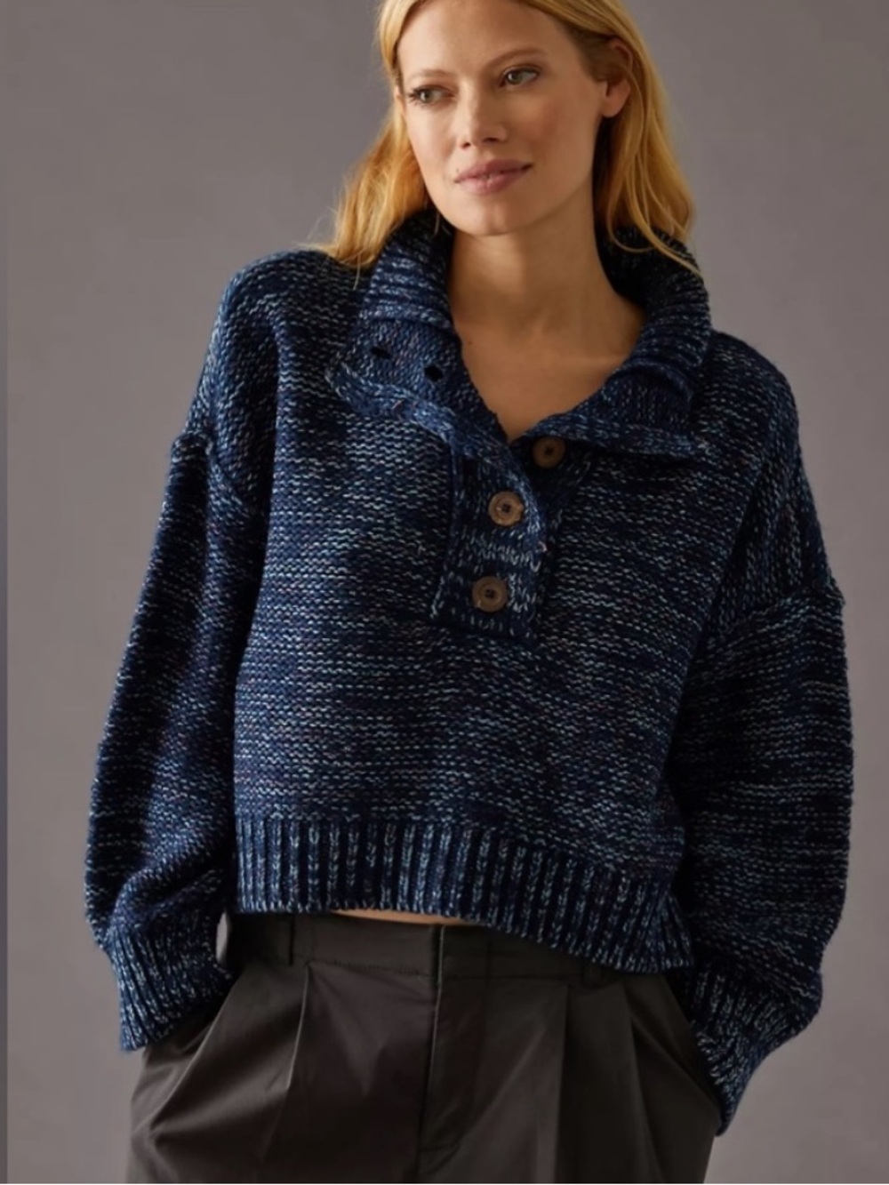 Anthropologie Pilcro Mega Henley Sweater in Navy Blue Sz XS - Picture 2 of 9